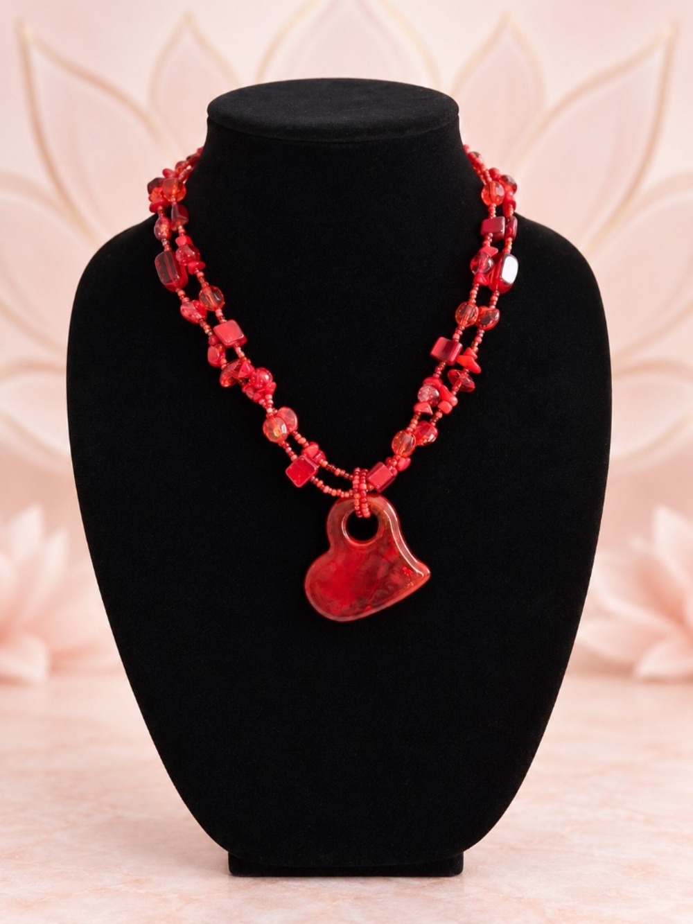 Red Glass Beaded Necklace with Heart Pendant